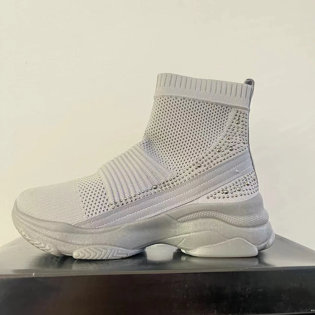 灰色-袜子靴高帮针织透气飞织秋冬四季潮流网面百搭增高YP-037