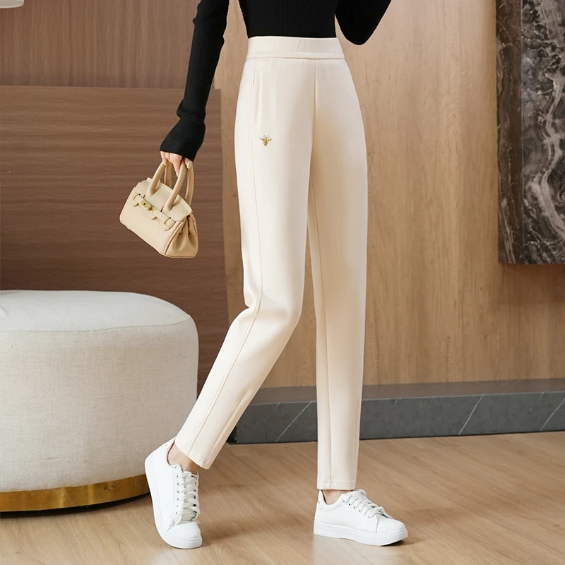 毛呢加绒加厚2023潮款阔腿裤哈伦裤女秋冬宽松显瘦高腰小脚萝卜裤