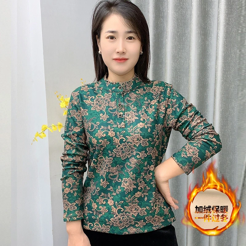 中老年女装秋冬上衣新款T恤小衫50岁中年妈妈冬装加绒洋气打底衫