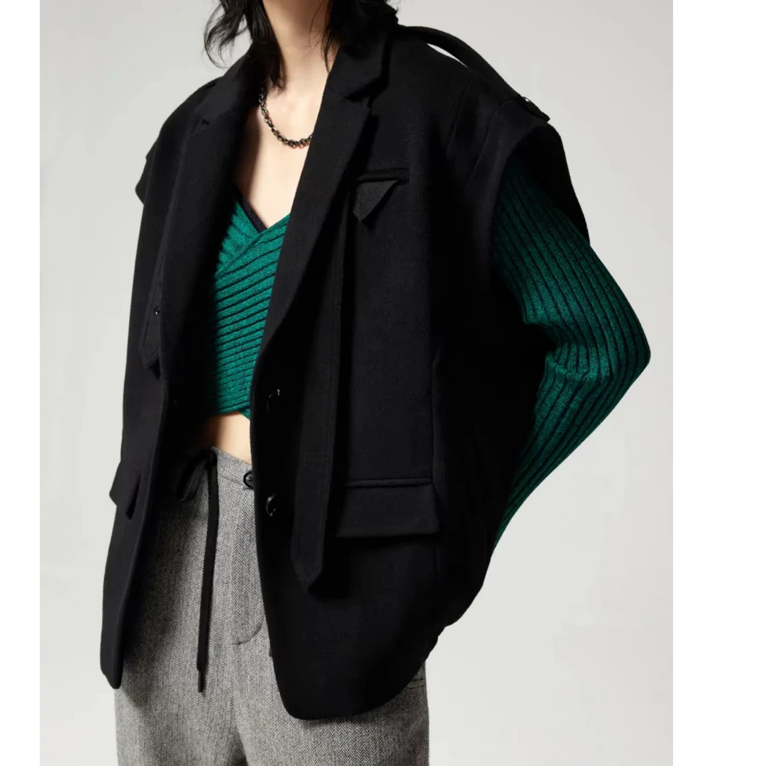 冬季新款平驳领宽松休闲毛呢马甲男女同款