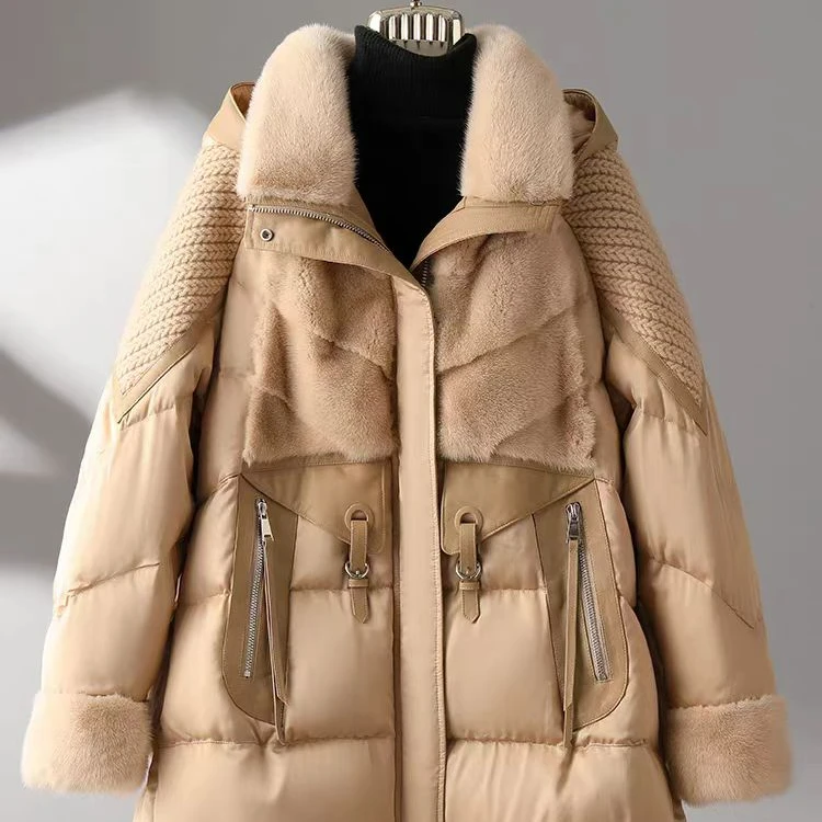 2024新款水貂毛皮长款羽绒服桑蚕丝透气鹅绒服时尚22605E