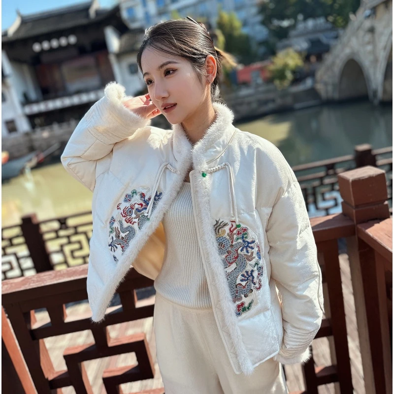 2023高端国潮新款水貂中国风盘扣刺绣百搭白鹅绒羽绒服国风羽绒服