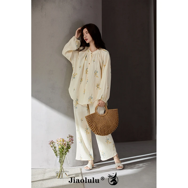 蕉鹿鹿纯棉睡衣女春秋款冬季长袖开衫碎花法式宽松松弛感家居服