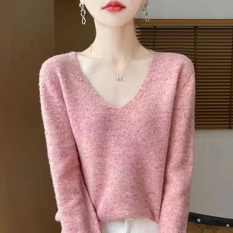 高端100%纯羊毛衫女一线成衣点子纱V领针织衫时尚毛衣无缝打底衫