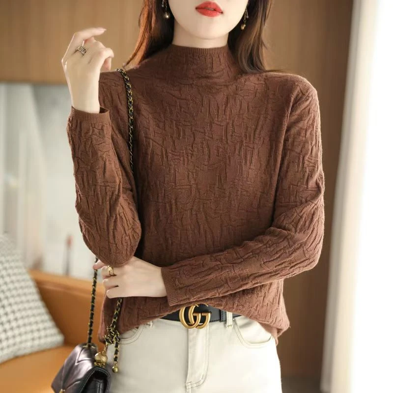 暗纹提花半高领针织打底衫女秋冬季新款毛衣复古时尚毛衫宽松上衣