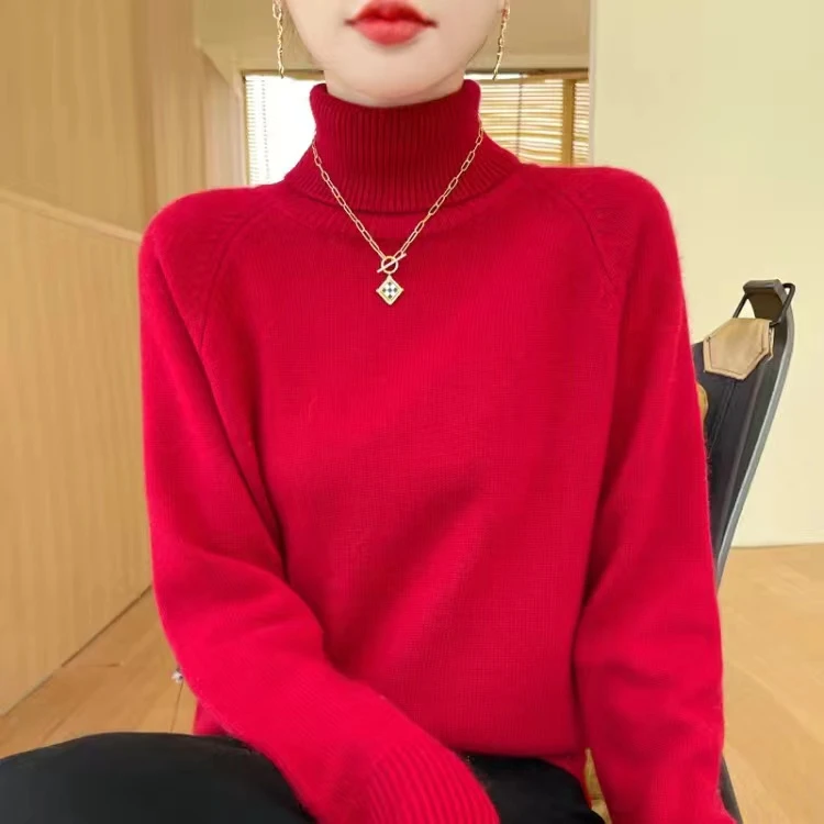 本命年中国红新年红高翻领插肩套头毛衣女加厚洋气针织打底衫秋冬