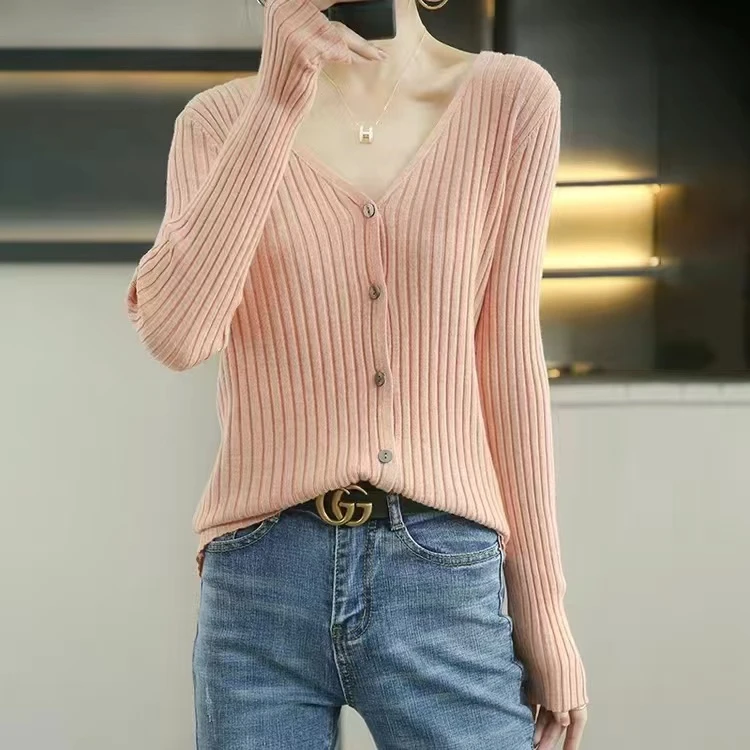 春秋新款开衫女V领毛衫系扣毛衣时尚百搭外套修身针织衫抽条上衣