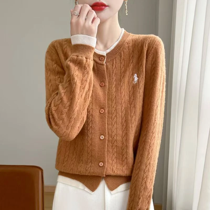 爆款假两件针织开衫女2025春秋新款韩系小马刺绣毛衣宽松外套上衣