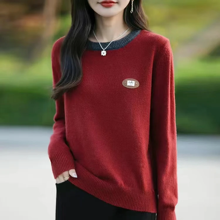 秋冬时尚圆领女士毛衣订标宽松高领针织衫拼色洋气打底衫外穿上衣