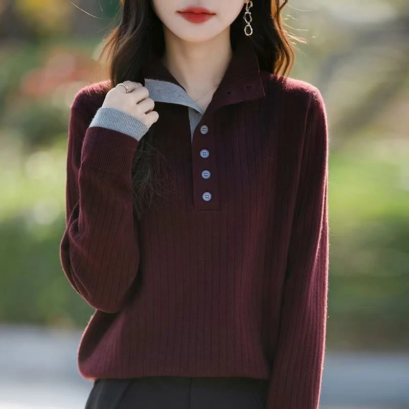 时尚百搭撞色拼接长袖针织衫设计感半开扣高领毛衣简约通勤上衣女