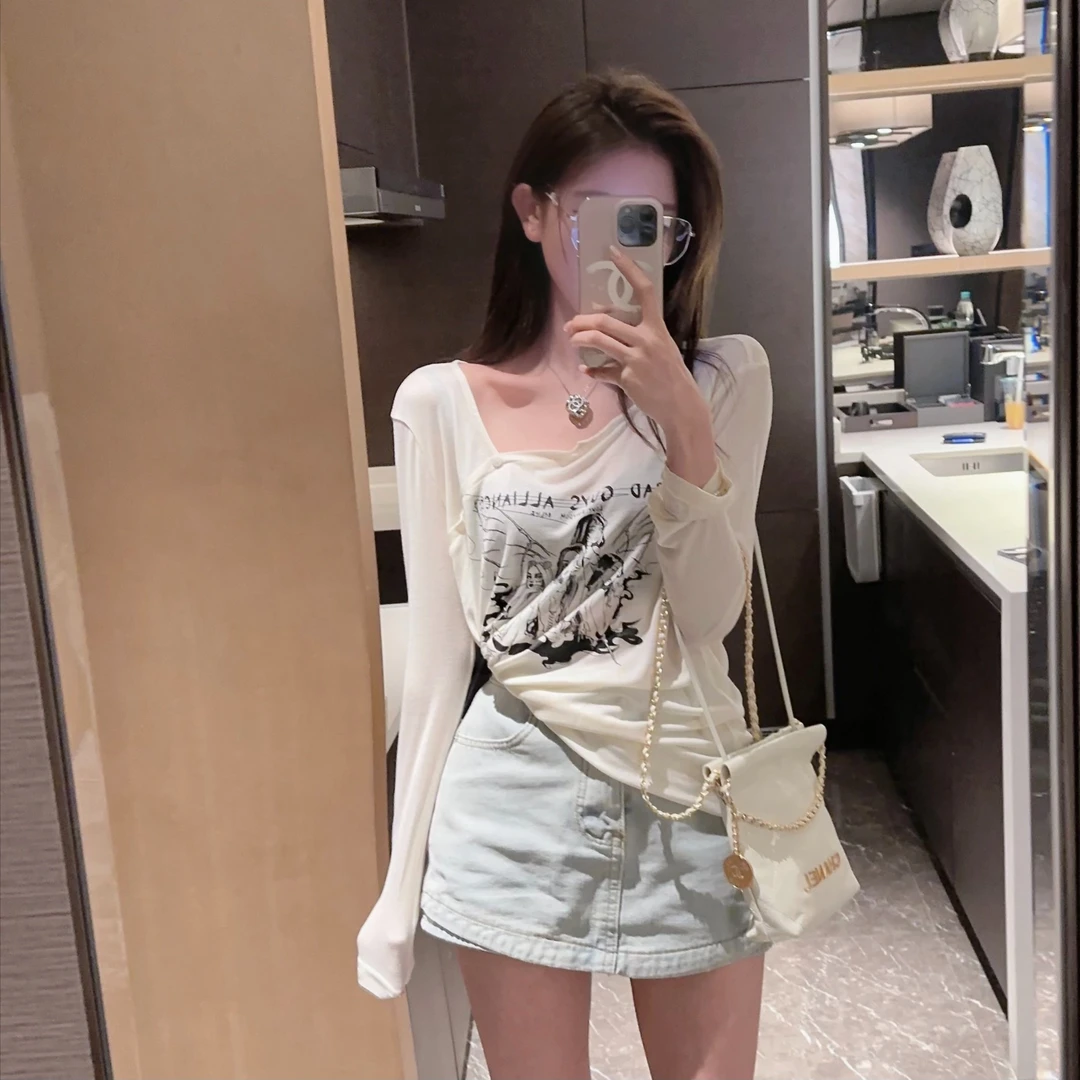 25早秋罩衫薄款透气美式印花性感不规则气质女装辣妹设计感微透