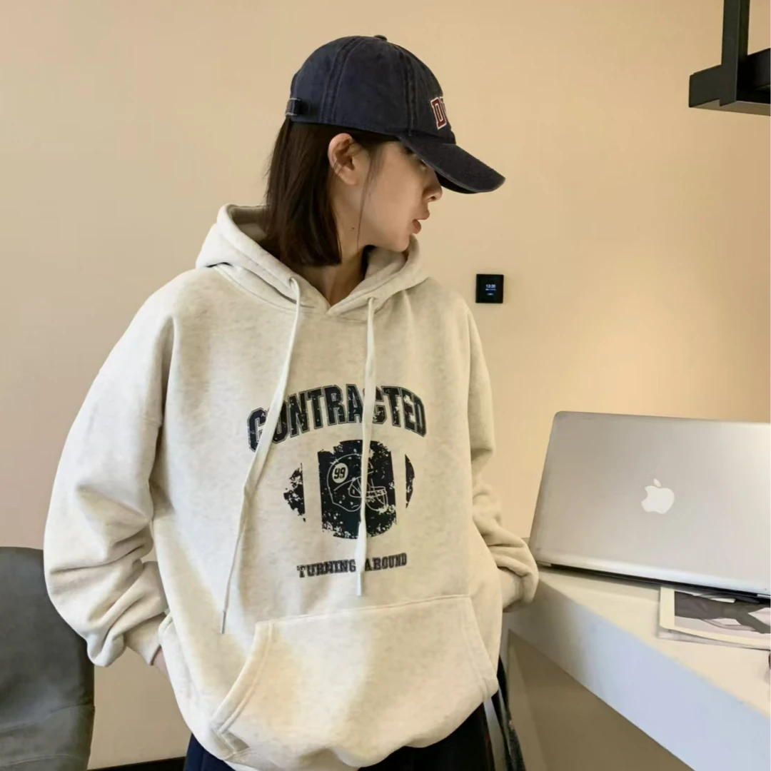 【棉花糖】女士美式橄榄球加绒连帽卫衣3819