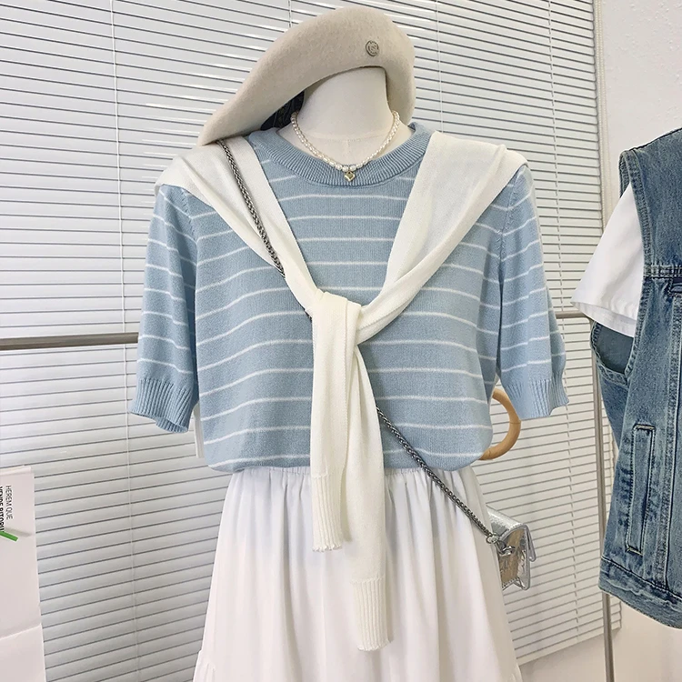 花卷家春夏新款条纹圆领短袖针织衫韩版元气透气披肩上衣T恤女