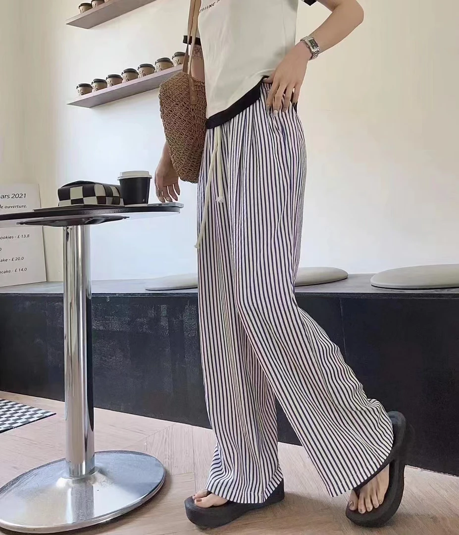 AYI家大浮力 休闲百搭修身条纹裤休闲裤 显瘦高腰时尚薄款夏季