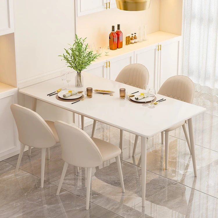 岩板餐桌轻奢现代简约家用小户型吃饭桌子奶油风长方形纯白餐桌椅