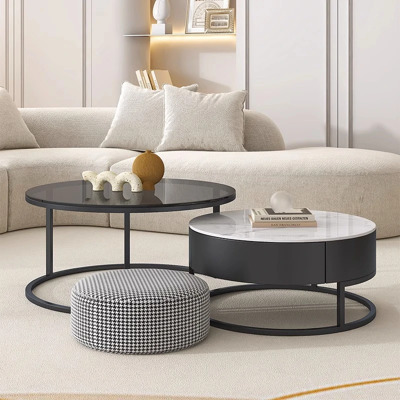 圆形岩板茶几桌客厅异形茶几茶台一体家用大理石茶几圆形茶几折叠