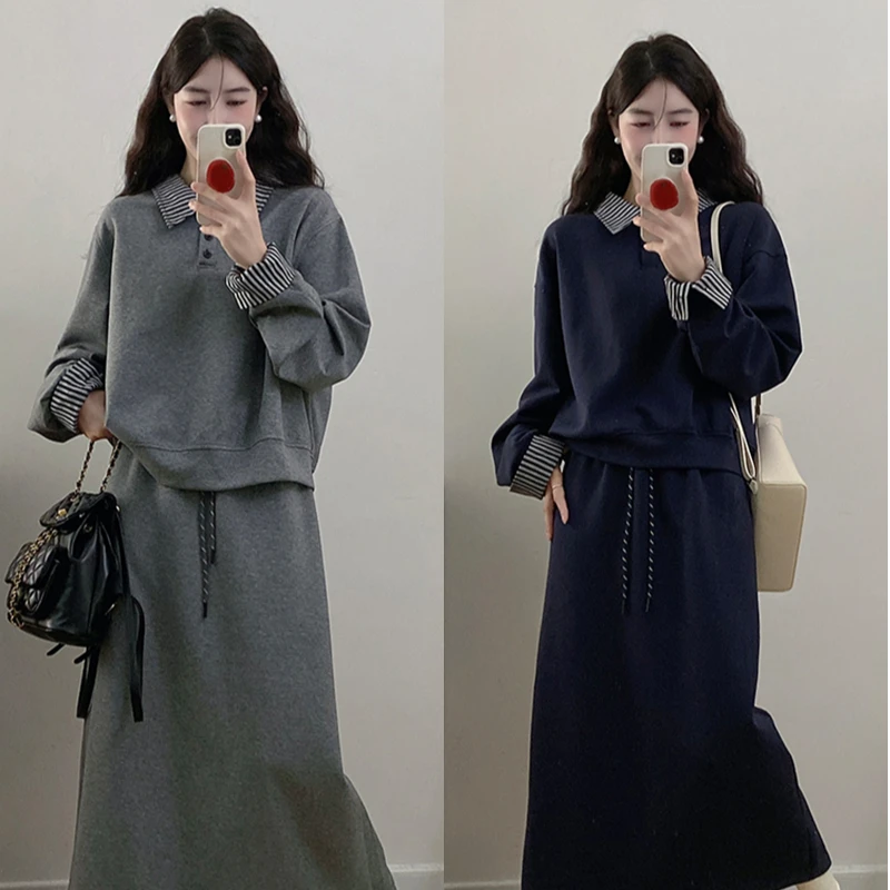 秋装新款胖mm大码女时尚拼接翻领卫衣高腰显瘦半身裙套装20607