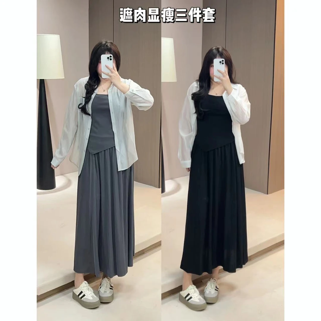 胖mm大码女时尚防晒衬衣吊带上衣半身裙三件套 20042