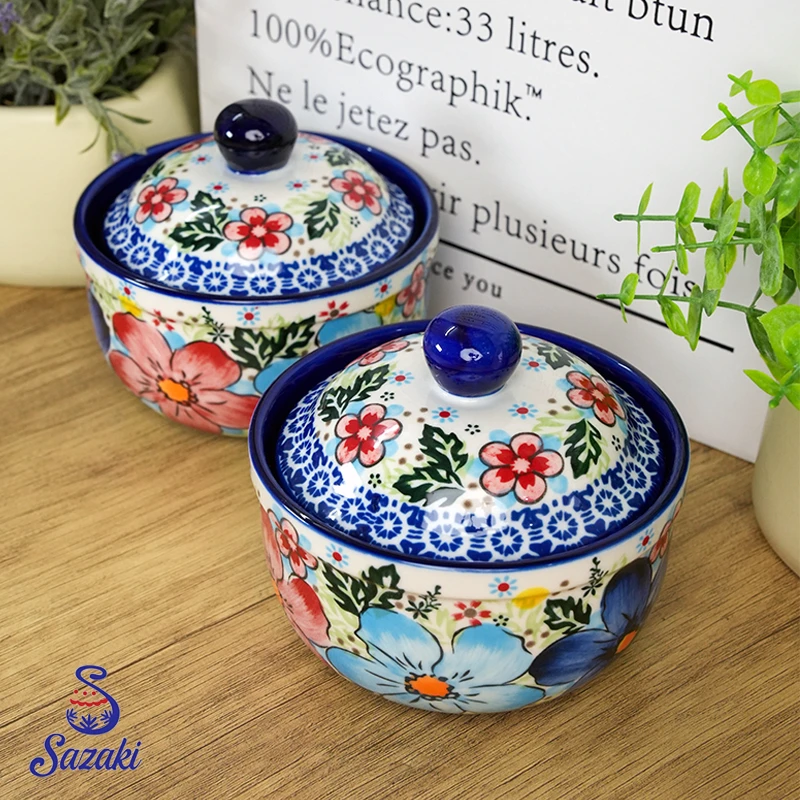 Sazaki盛夏 炖盅带盖隔水炖瓦罐家用300ml波兰彩陶瓷手绘釉下彩