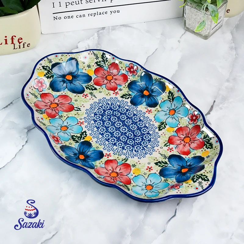 Sazaki盛夏 花边鱼盘家用大号13英寸波兰彩陶瓷手绘釉下彩高级感