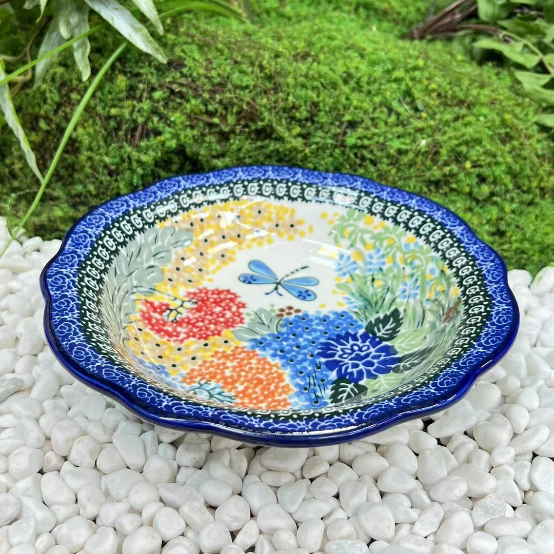 Sazaki蝶恋花 深圆盘子家用8.5英寸菜盘波兰彩陶瓷手绘釉下彩网红