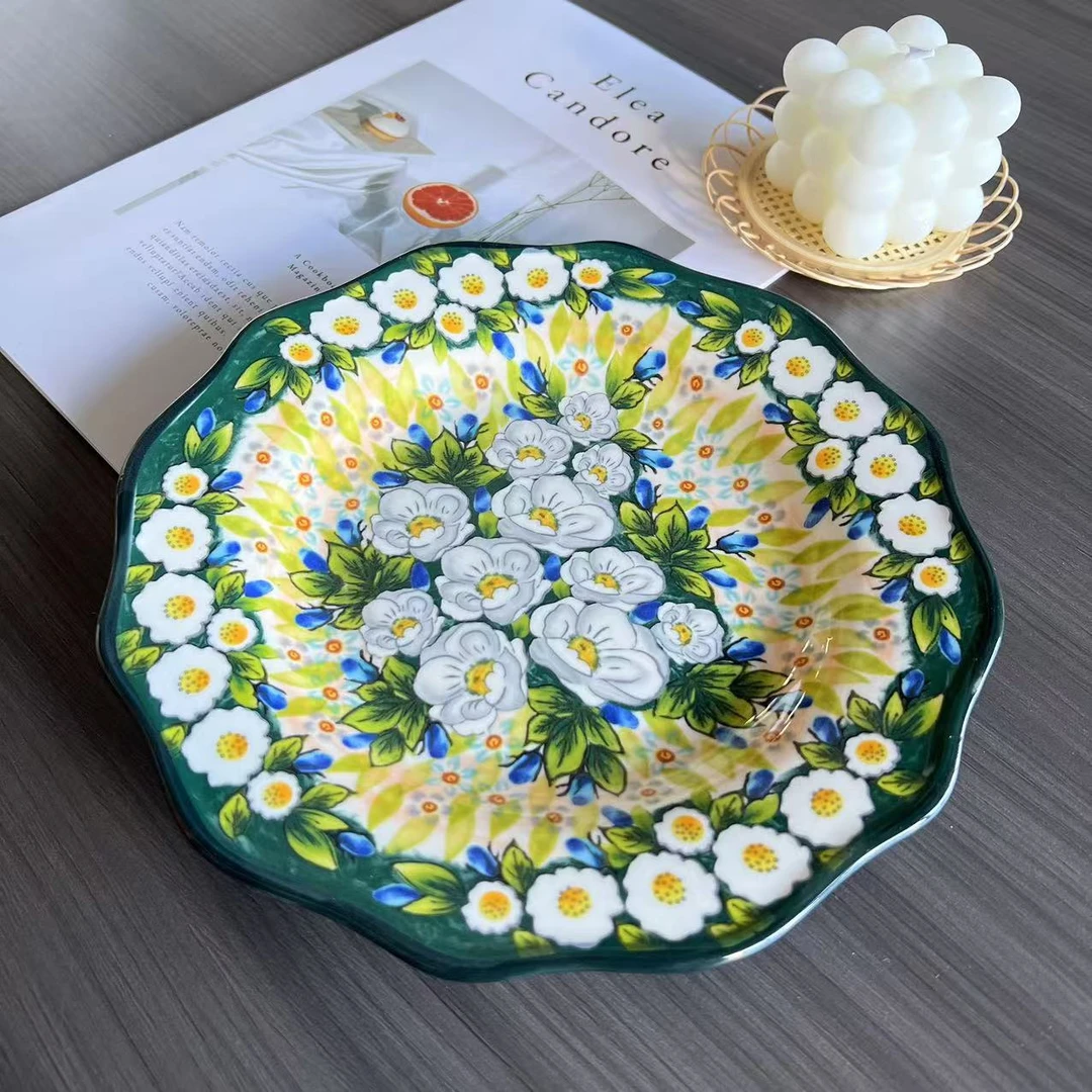 Sazaki浅茉 花边深圆盘子家用菜盘9英寸波兰彩陶瓷手绘釉下彩欧式