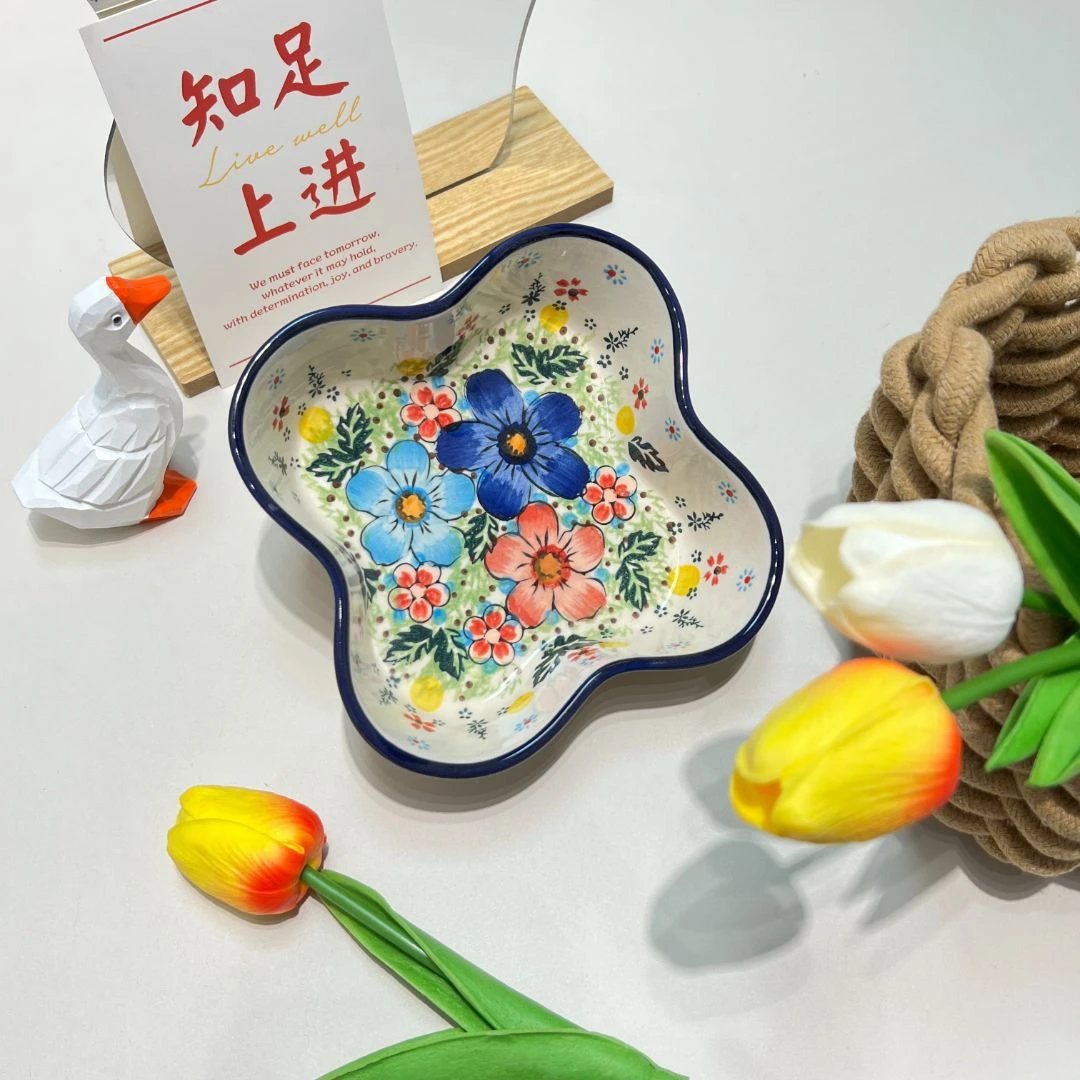 盛夏四叶草沙拉碗盘子手绘手工工艺品复古波兰彩法式宫廷陶瓷花纹