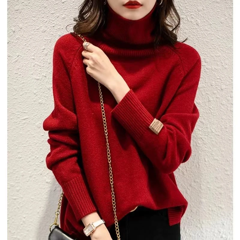 圣诞新年红色高领打底针织针织衫秋冬法式气质慵懒套头红色毛衣女