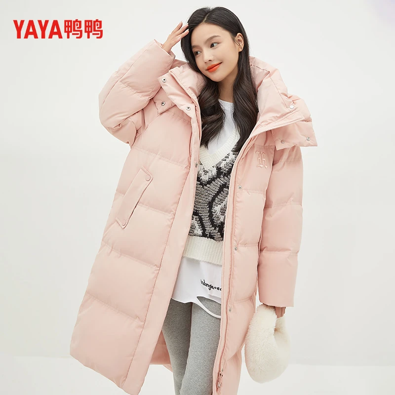 YAYA/鸭鸭2022秋冬新款加厚过膝立领连帽简约韩版保暖外套2201231