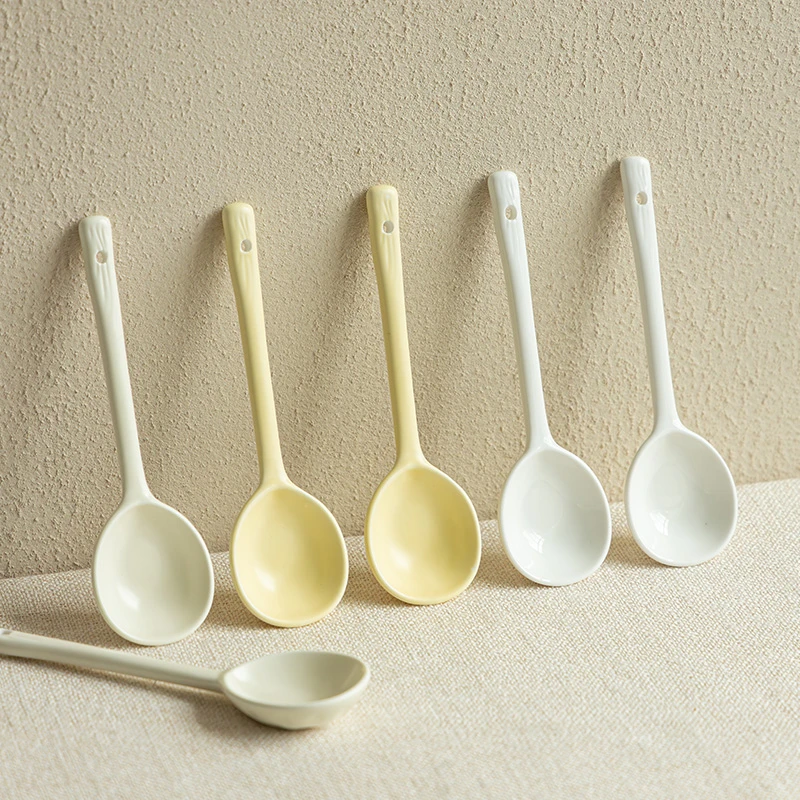 YE HOME 奶油风长柄纯色咖啡勺家用小孩陶瓷喂饭勺喝粥勺甜汤勺