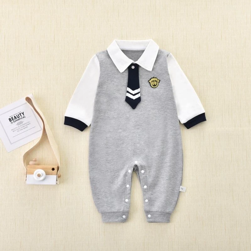 婴儿纯棉连体衣春季夏季爬服假两件领带翻领半袖哈衣