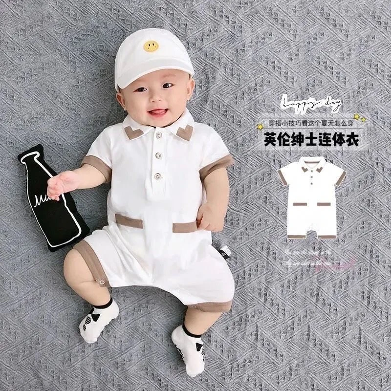 婴儿夏季半袖连体衣纯棉英伦百天周岁礼服百百棉帅气爬服