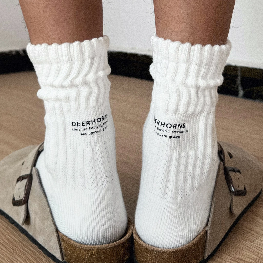 DEERHORNS春秋日系潮袜毛巾底字母印花中筒袜cityboy复古堆堆袜