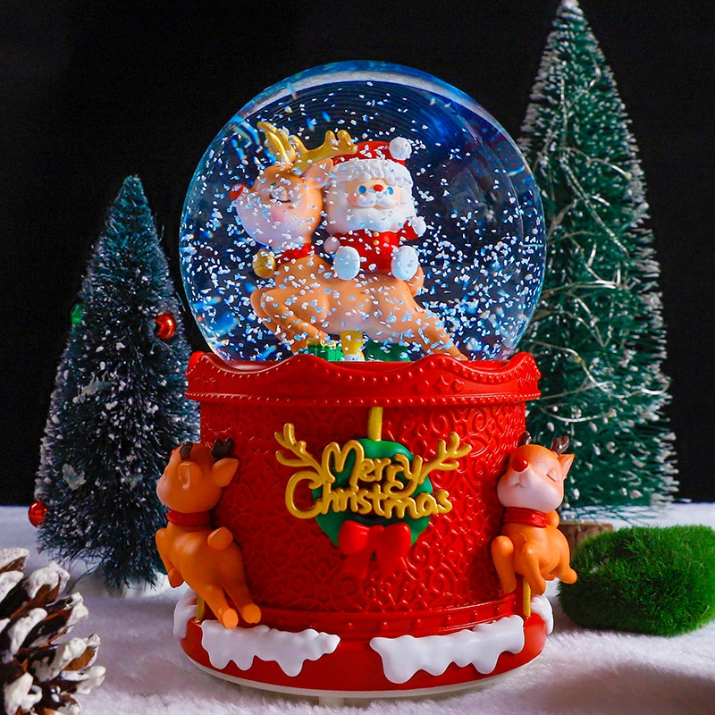 圣诞节礼物圣诞老人骑鹿水晶球音乐盒飘雪发光卧室装饰小摆件批发