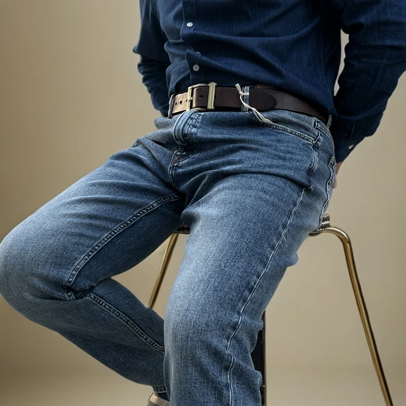 ZUOGUYOUPU 重工水洗蓝色直筒牛仔裤男士修身简约都市休闲长裤子