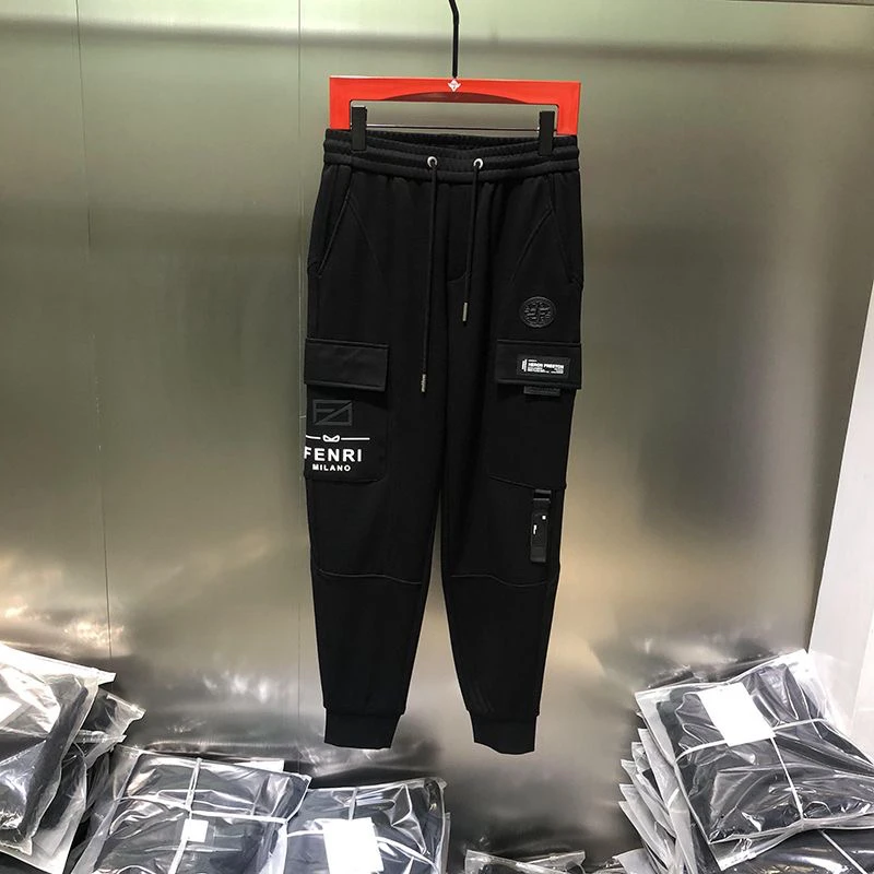 轻奢2024薄款夏款男士贴标裤子时尚系带休闲裤日常百搭束脚长裤潮