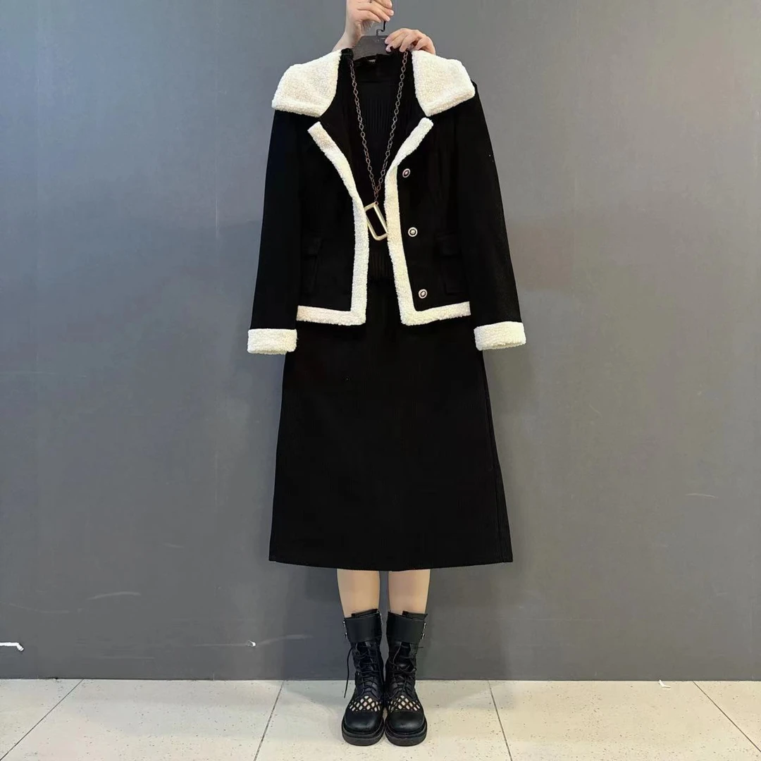 微胖妹妹时尚洋气黑色显瘦秋冬加绒长袖套装