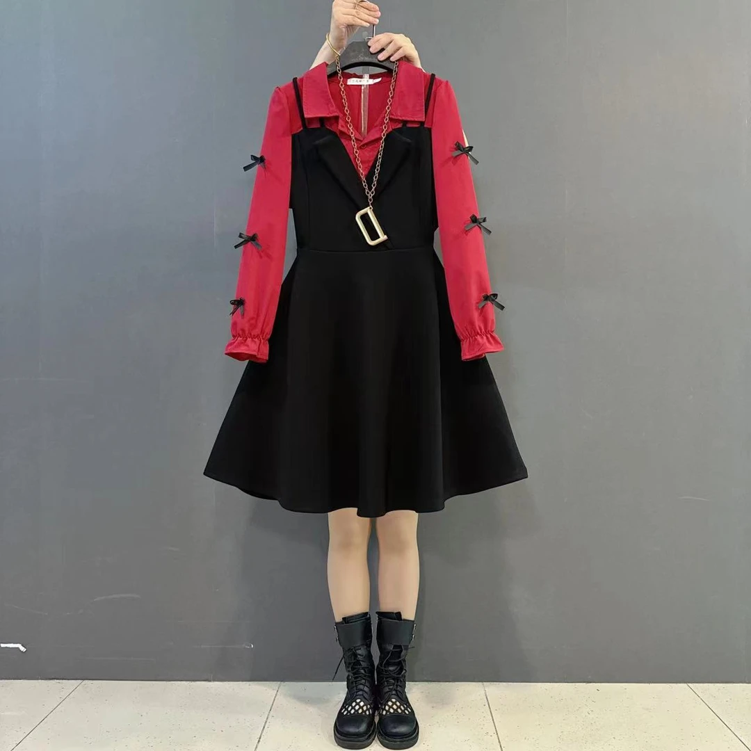 胖mm新款时尚洋气拼接蝴蝶结显瘦连衣裙