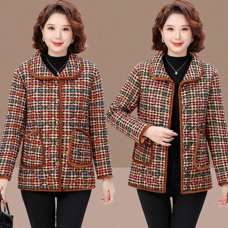 中老年女装冬季加绒格子棉衣保暖棉袄新款加厚妈妈装时尚百搭棉服