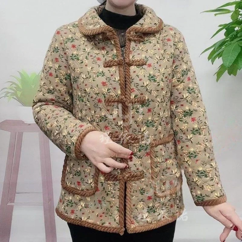 妈妈棉袄中老年女装秋冬加绒宽松棉衣外套民族风盘扣碎花保暖棉服
