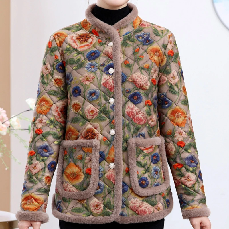 妈妈装碎花加绒棉服冬季新款加厚保暖棉衣外套洋气花棉袄加绒加厚