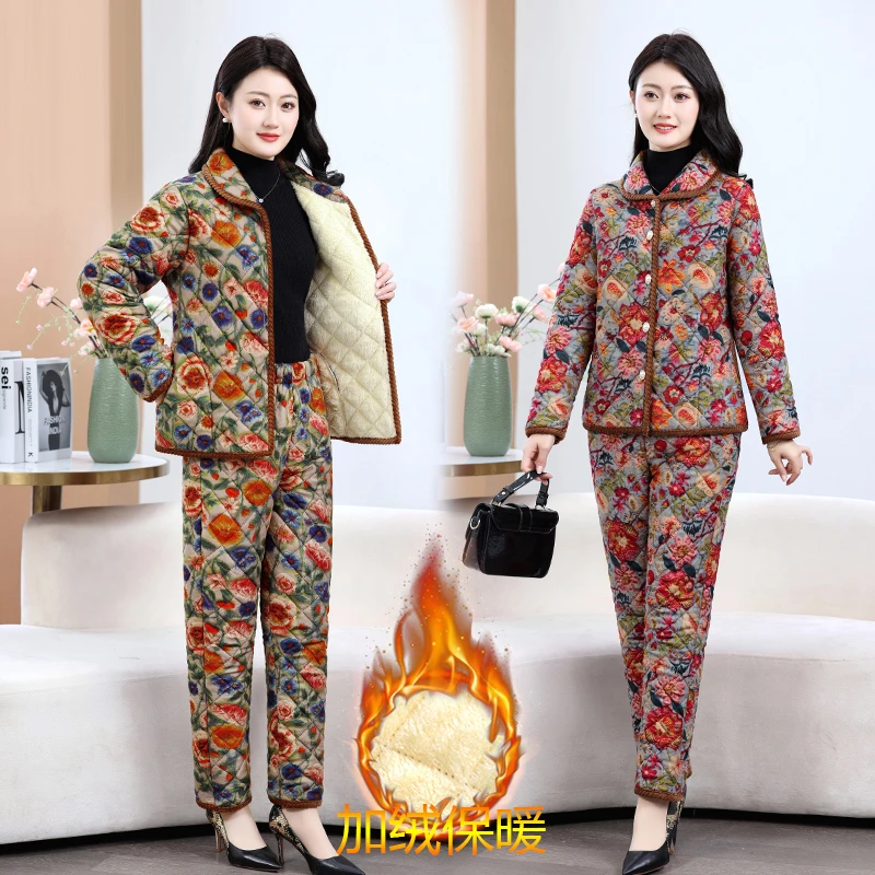 加绒加厚翻领碎花棉衣棉裤套装冬季新款洋气保暖中老年女棉袄棉服