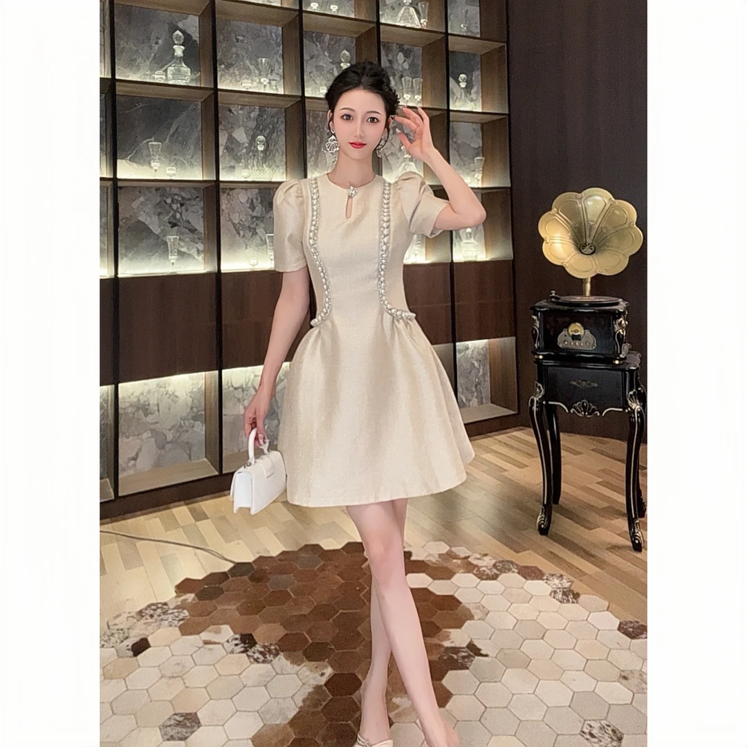 21316温柔夏季显瘦时尚短款气质少女轻奢名媛优雅修身收腰连衣裙