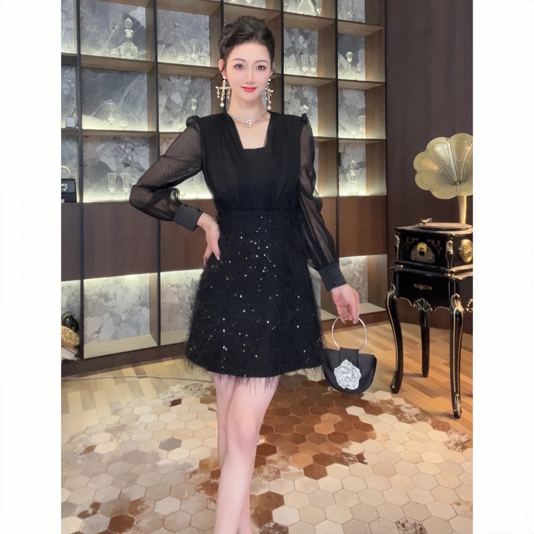 9915设计师新款气质名媛轻奢复古拼接蕾丝时尚性感优雅宴会连衣裙
