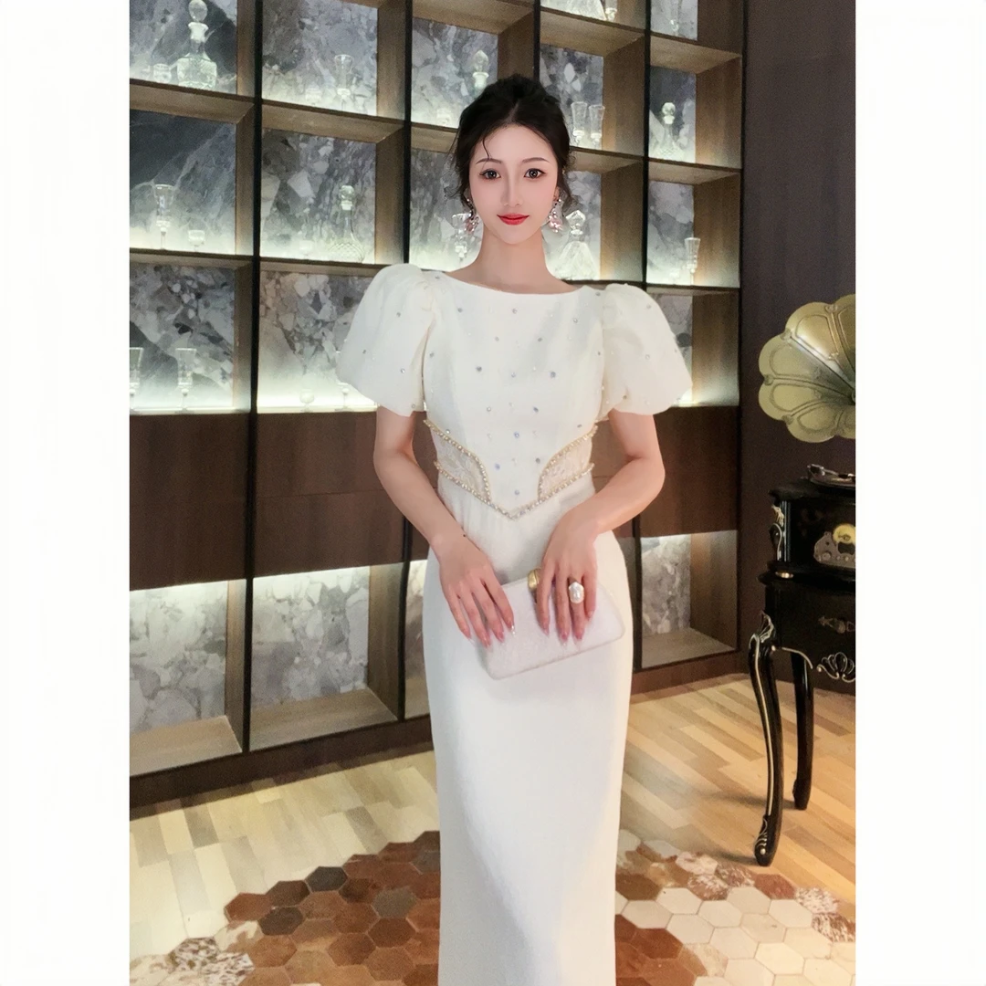21148轻奢气质显瘦收腰复古法式紫色宴会修身泡泡袖名媛连衣裙