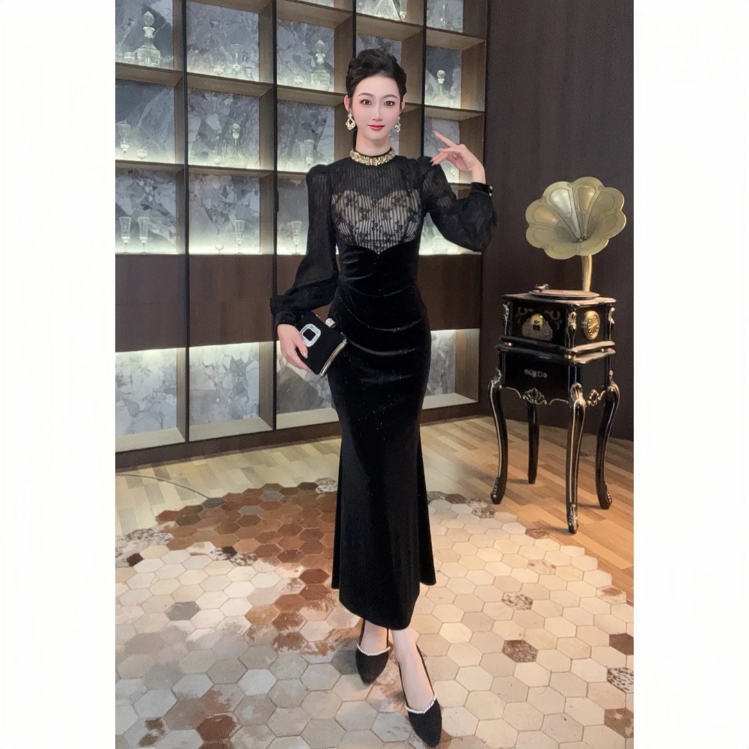 21541长袖轻奢时尚修身收腰提臀款显瘦气质名媛宴会秋冬连衣裙