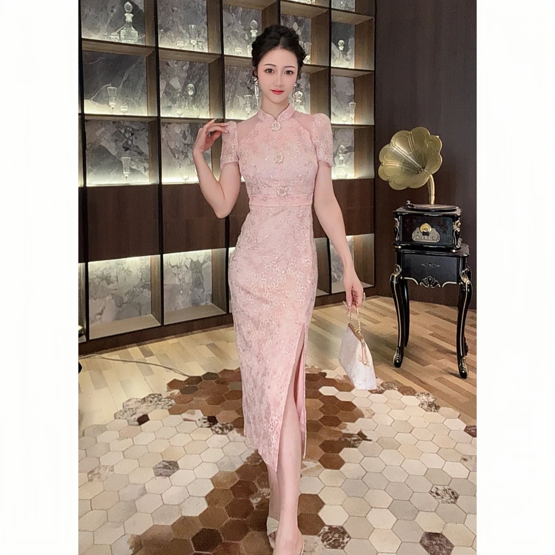 80209时尚复古收腰轻熟修身气质蕾丝温柔包臀名媛优雅宴会连衣裙