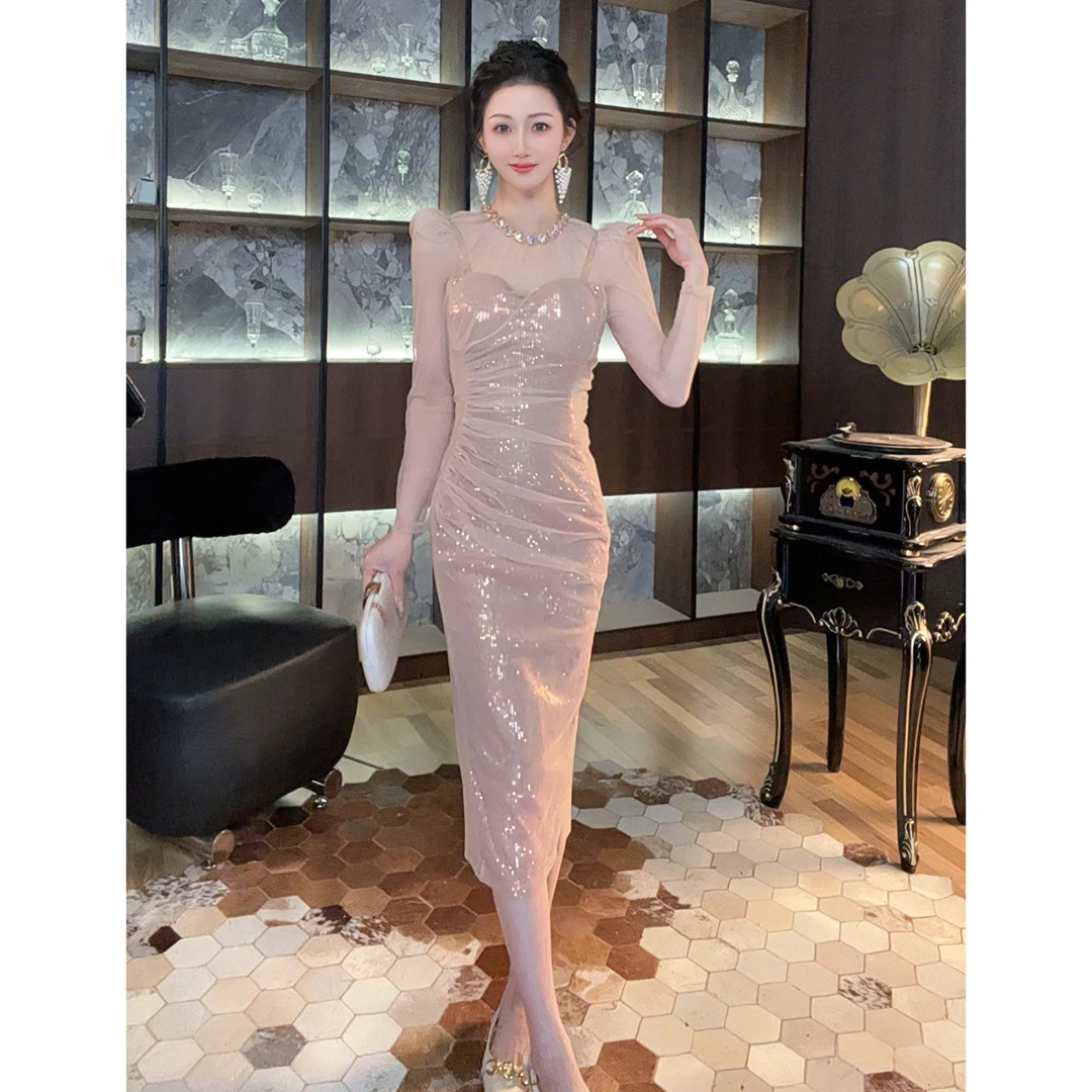 11106修身性感气质轻奢优雅高贵名媛宴会长款包臀小众长袖连衣裙