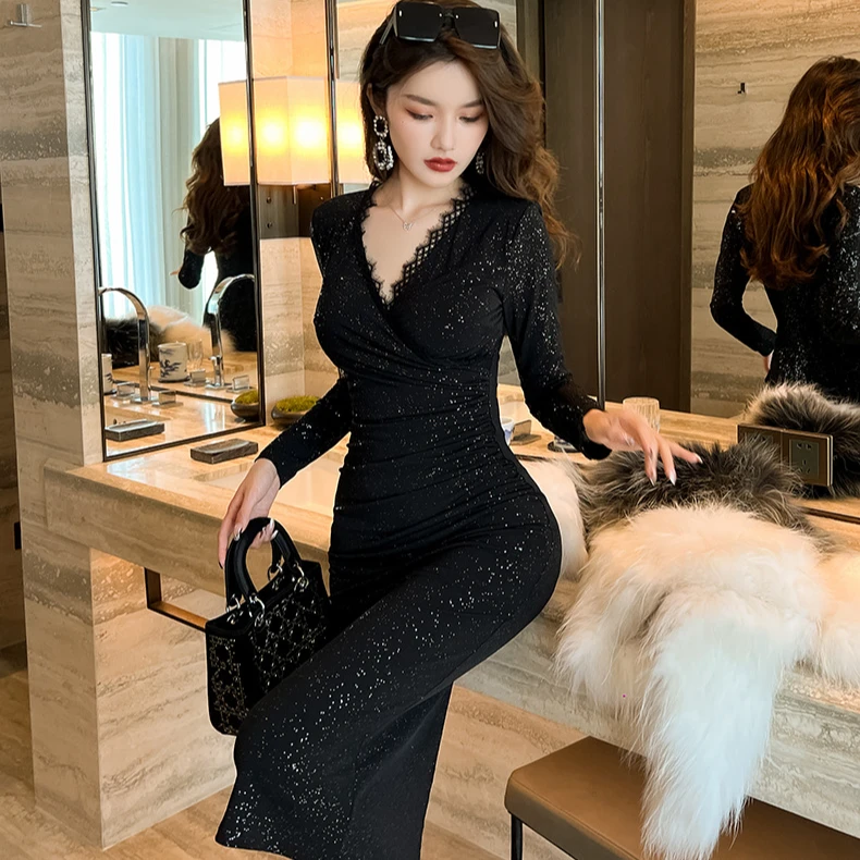 性感修身包臀长袖打底气质名媛时尚轻奢弹力收腰女装连衣裙20204