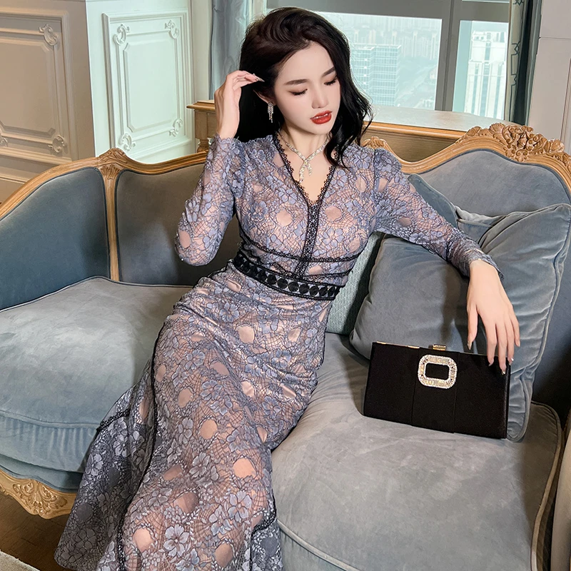 20910性感镂空气质女神蕾丝收腰时尚修身包臀法式复古名媛连衣裙